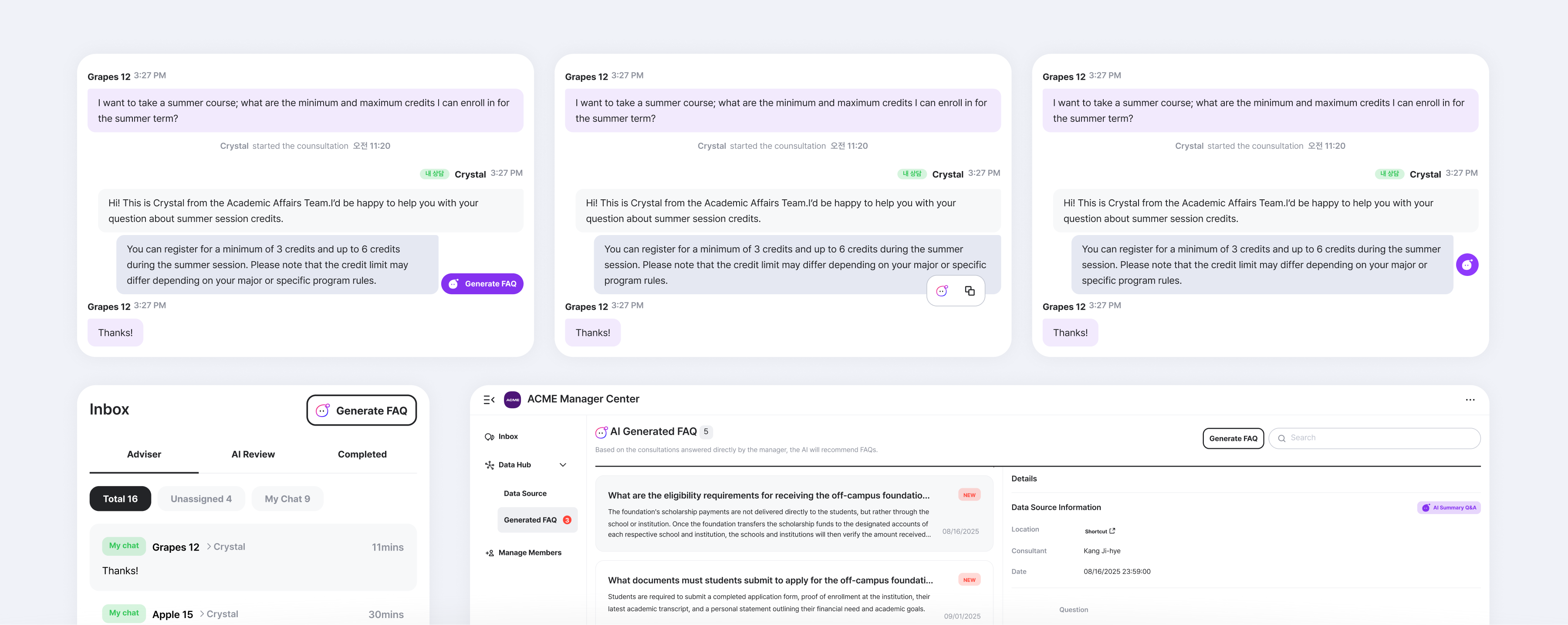 Draft explorations of Generate FAQ triggers in chat and manager views