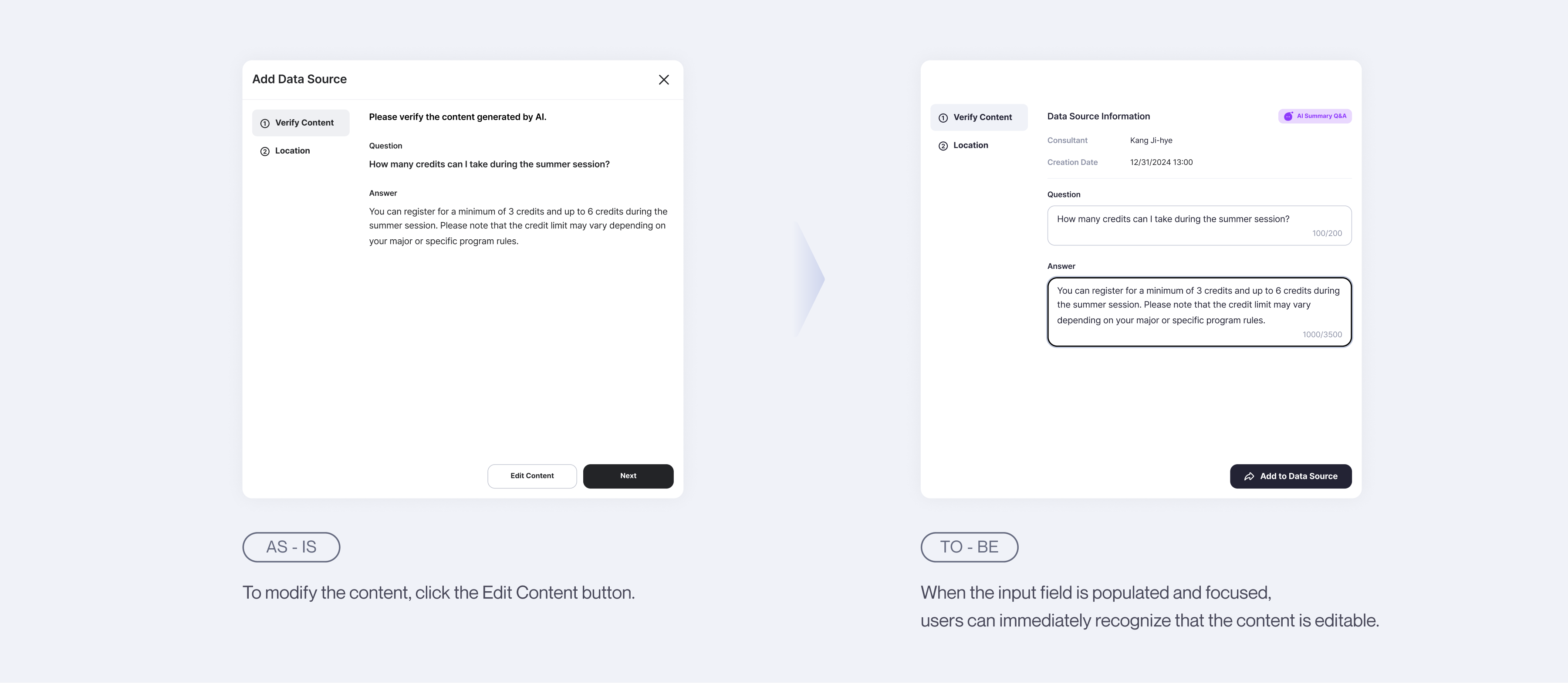 Inline editing and saving flow for generated FAQ