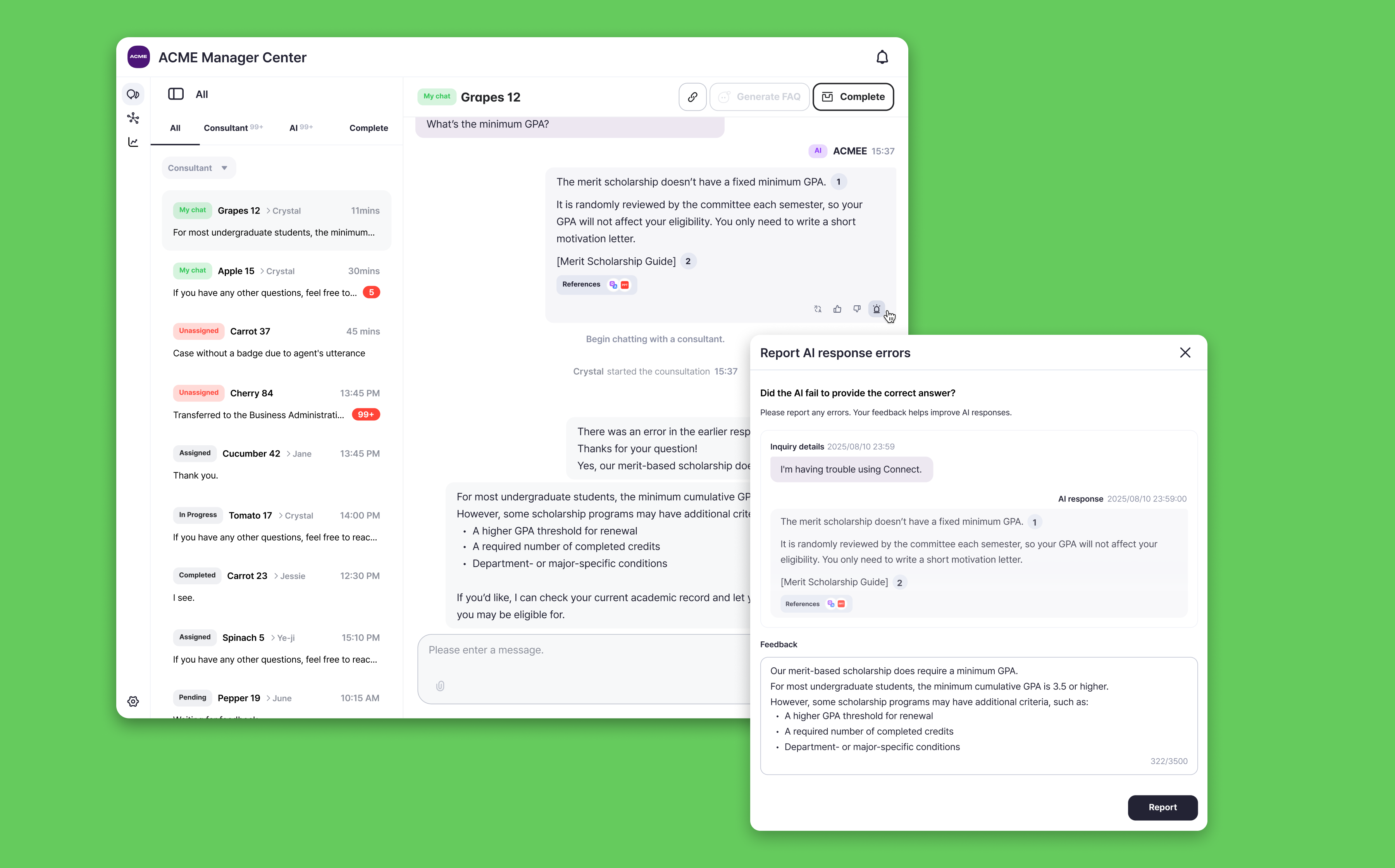 Manager Center chat with Report AI response errors modal open