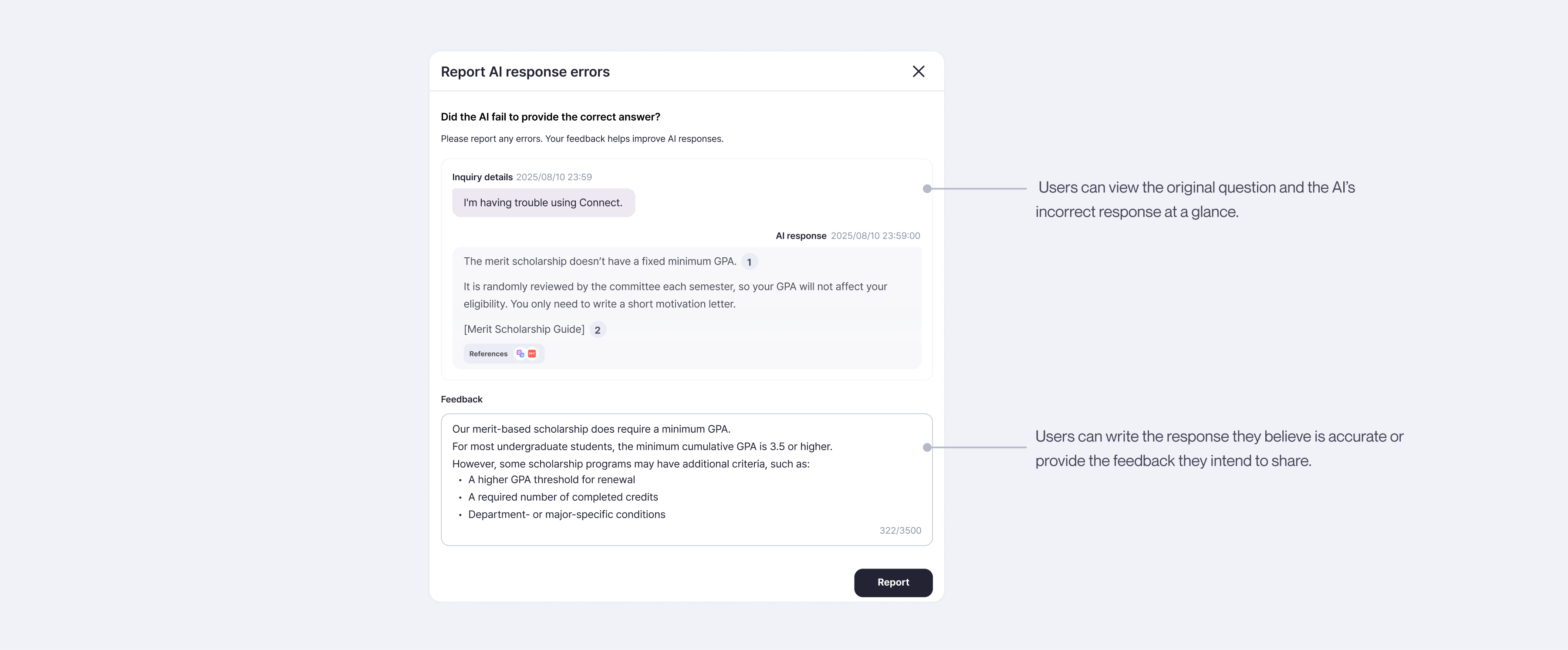Report AI response errors view showing original Q and A with feedback field