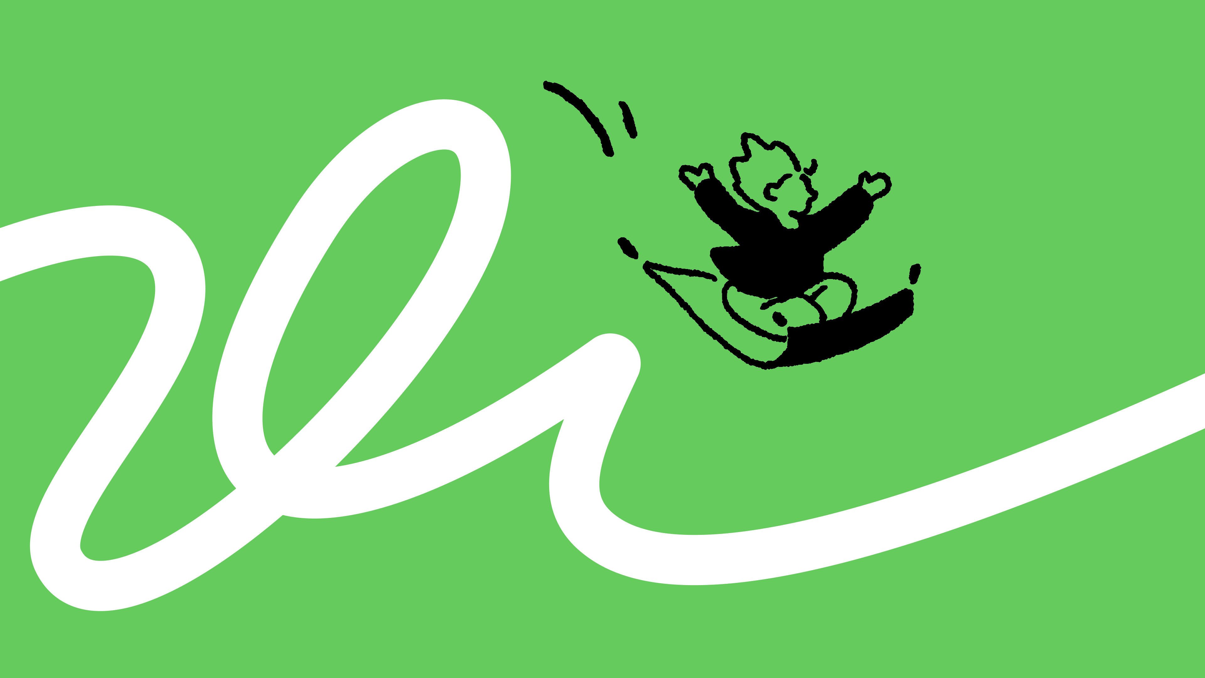 Illustration of a figure on a flying carpet above a white cursive line on a lime green background