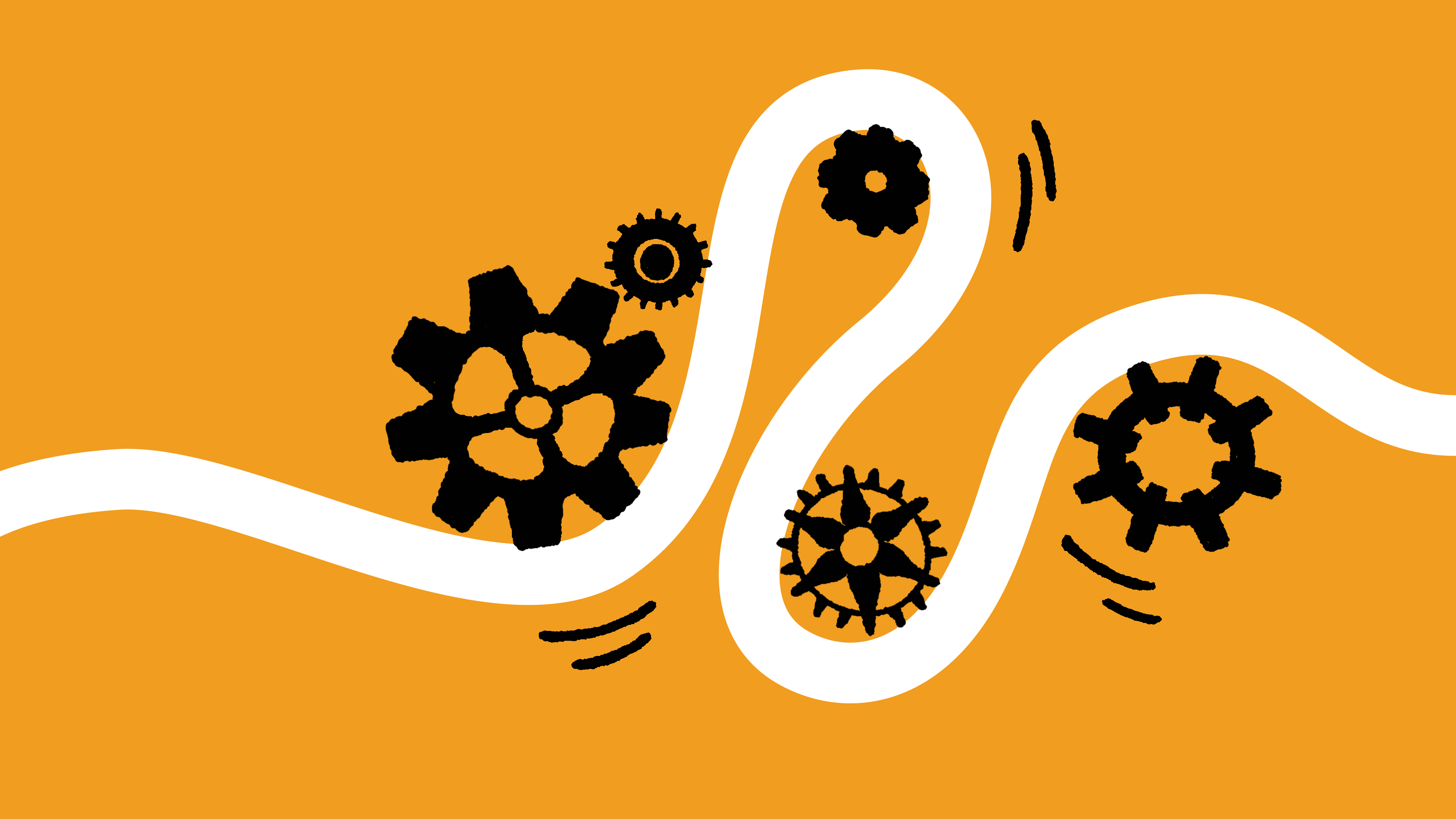 Illustration of gears connected by a winding white line on a mustard background